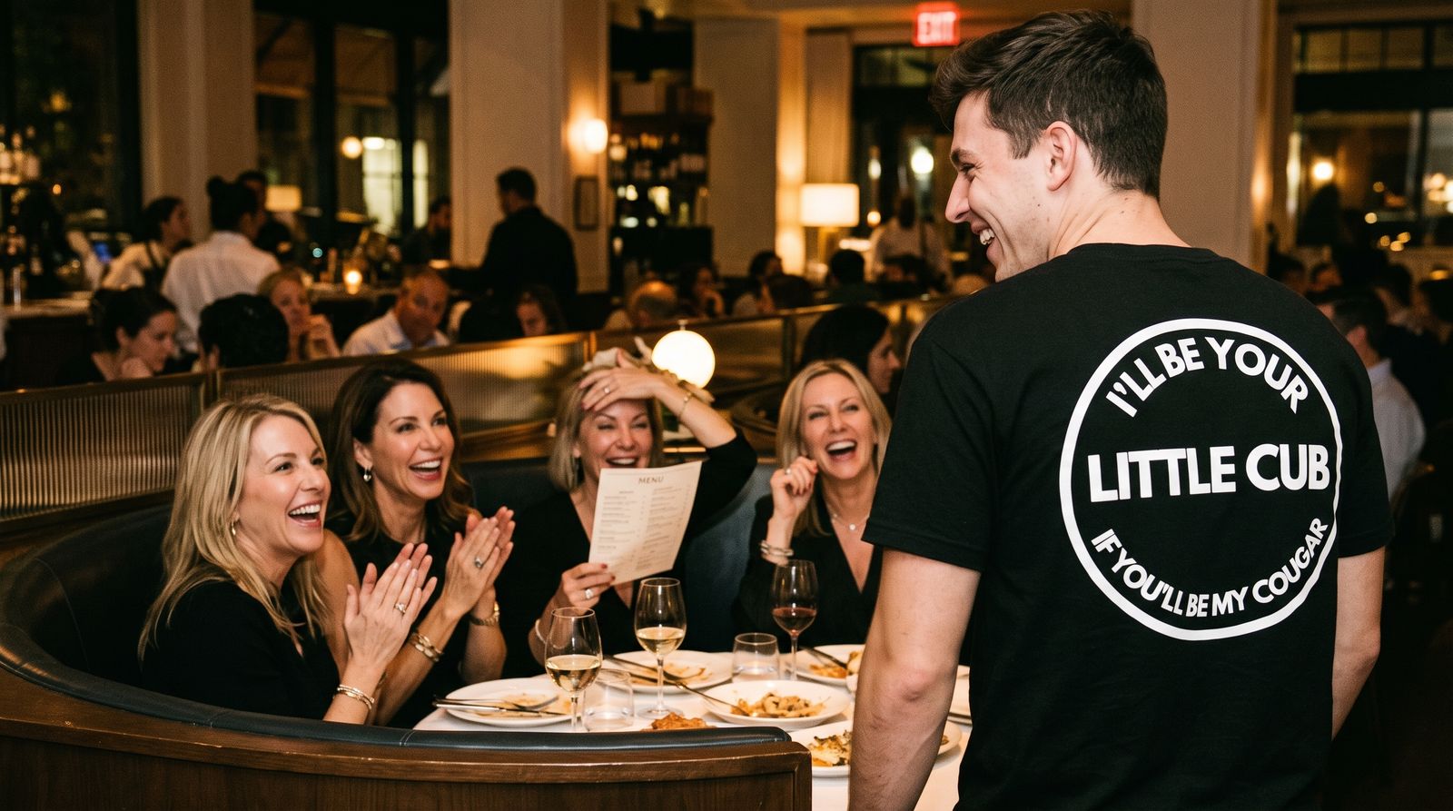 Women in a restaurant booth laughing at the I'll Be Your Little Cub back print