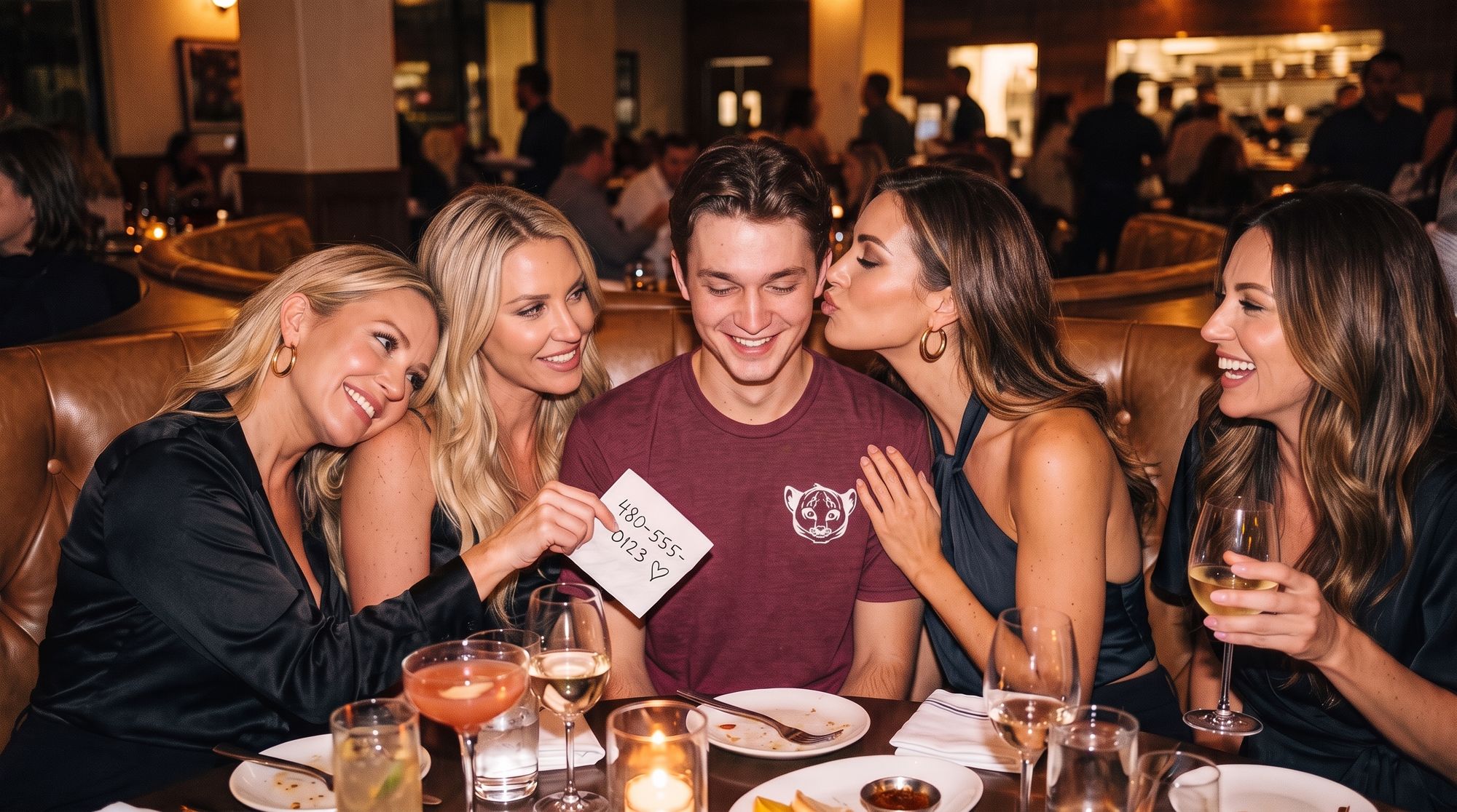 Young man in a Cub Tee getting a kiss on the cheek and a phone number at a booth