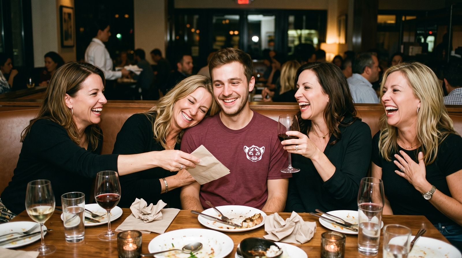 Young man in a Cub Tee surrounded by laughing women at a booth