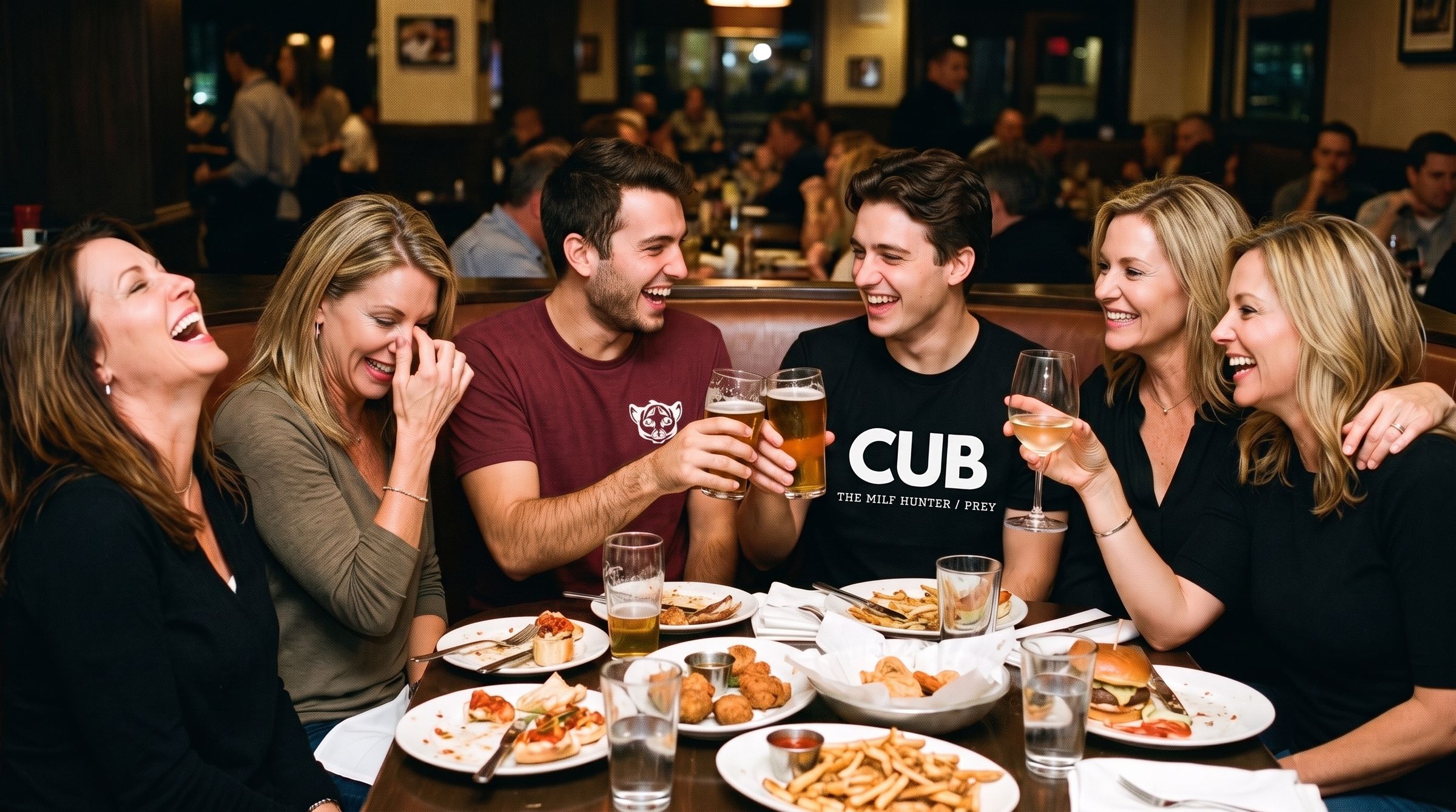 Two friends in Cub tees cheersing while the women at their booth crack up