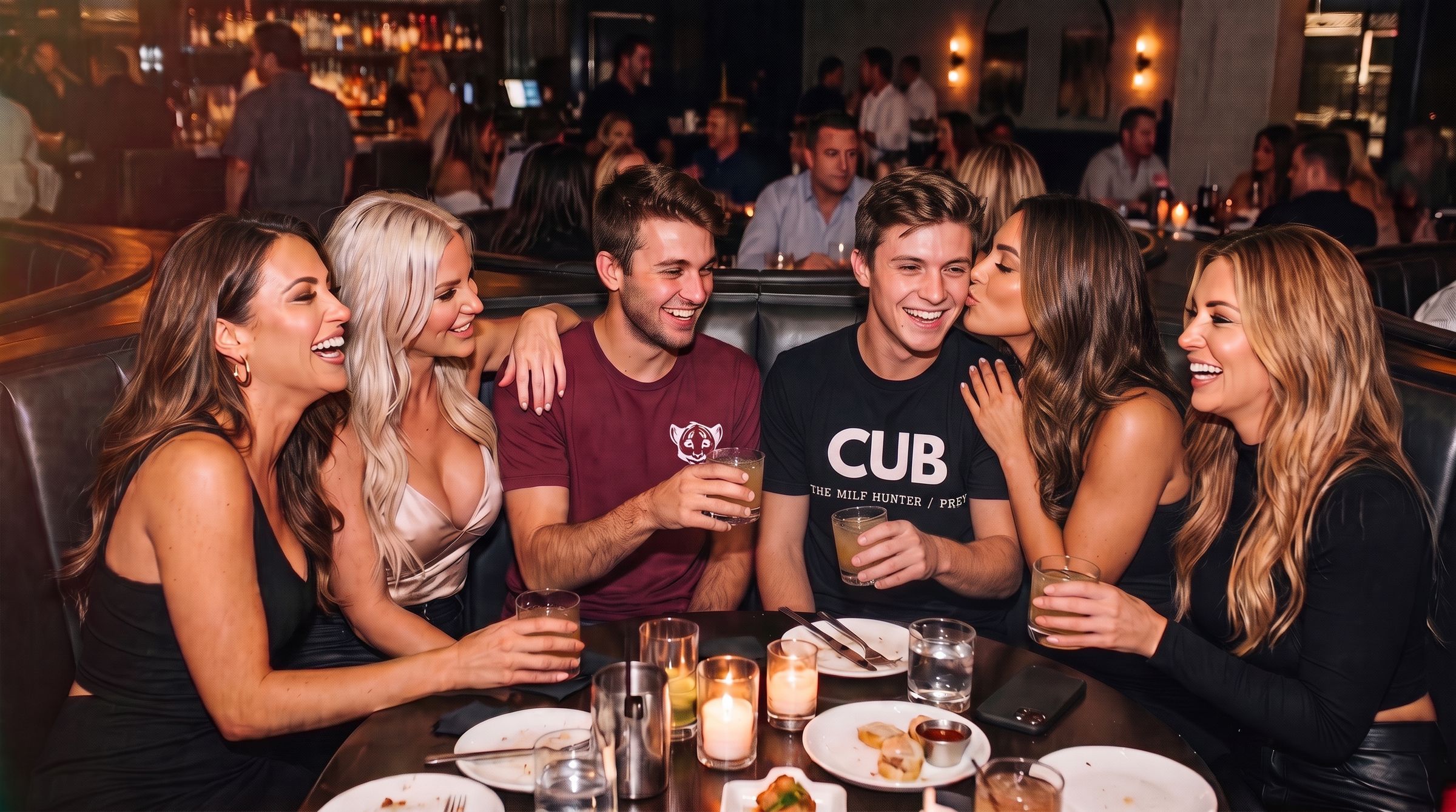 Two friends in Cub tees cheersing while the women at their booth crack up