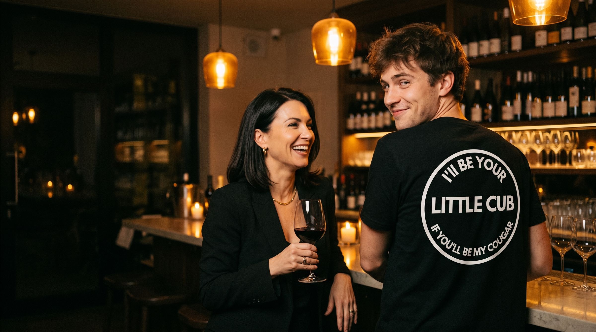A woman at a wine bar laughing at the I'll Be Your Little Cub print on a young man's back
