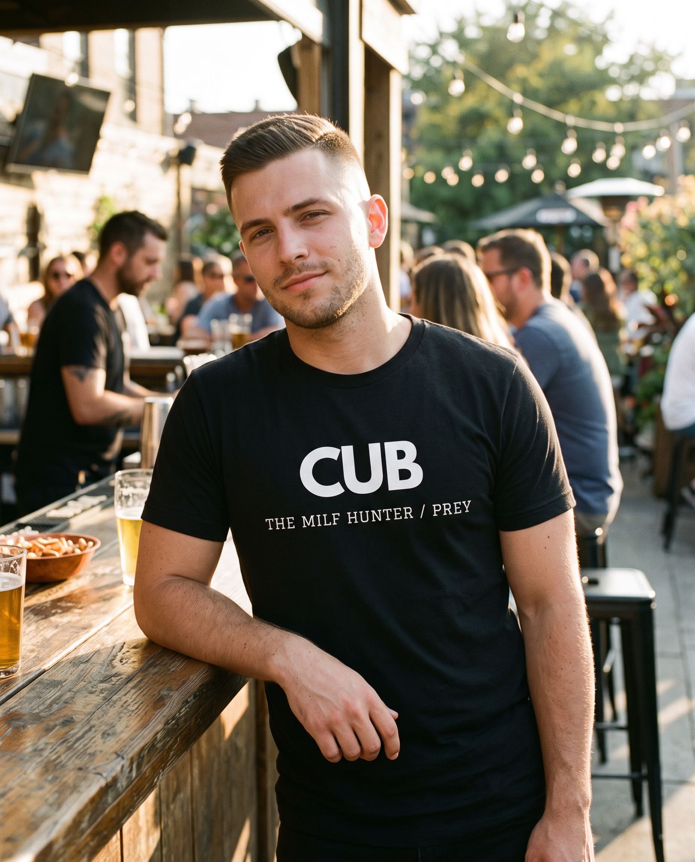Milf Hunter tee at a patio bar