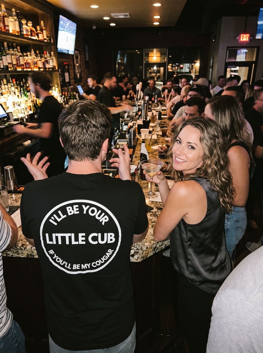 At the bar in the I'll Be Your Little Cub tee