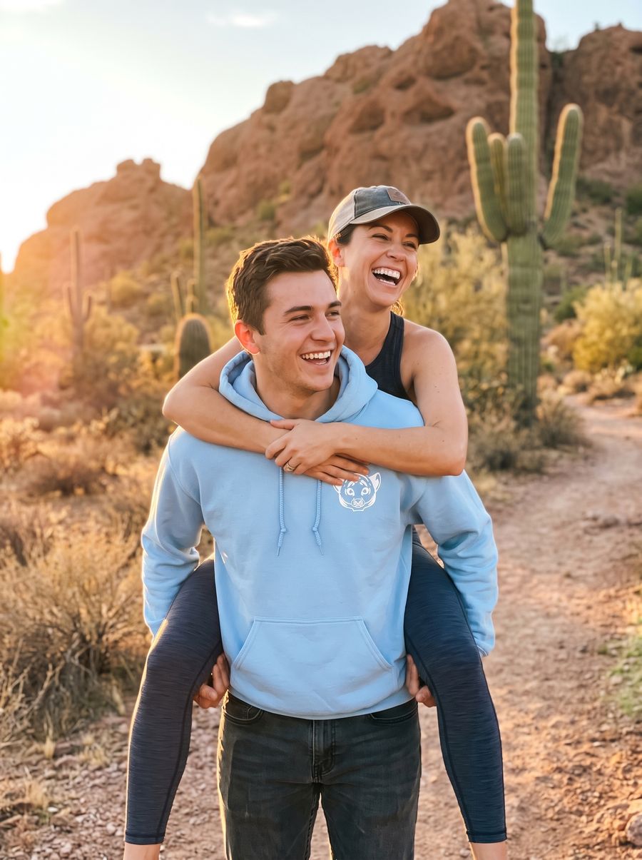 Piggyback on a desert trail in the Cub Hoodie